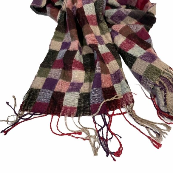 Plaid Woven Scarf With Fringe Ends In Red Purple & Green SUPER SOFT - Picture 3 of 3